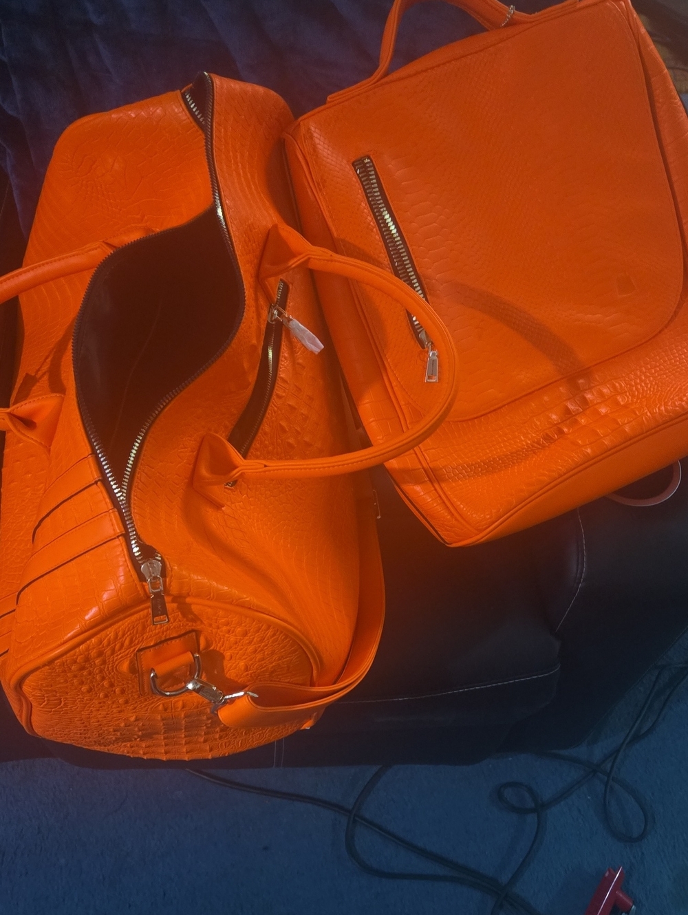 Orange Faux-Croc Tote and Travel Bag Set